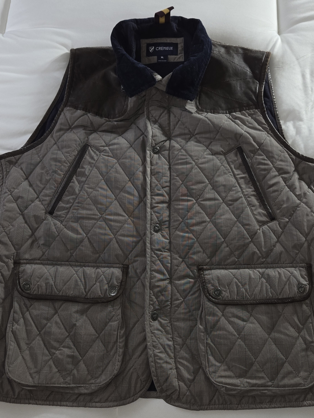 Cremieux Quilted Vest Mens XL Brown Plaid Leather Trim Hunting Utility Fleece